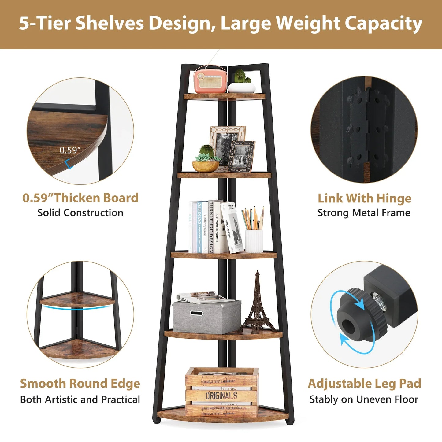 Corner Bookcase, Bookshelf with Rack Wood