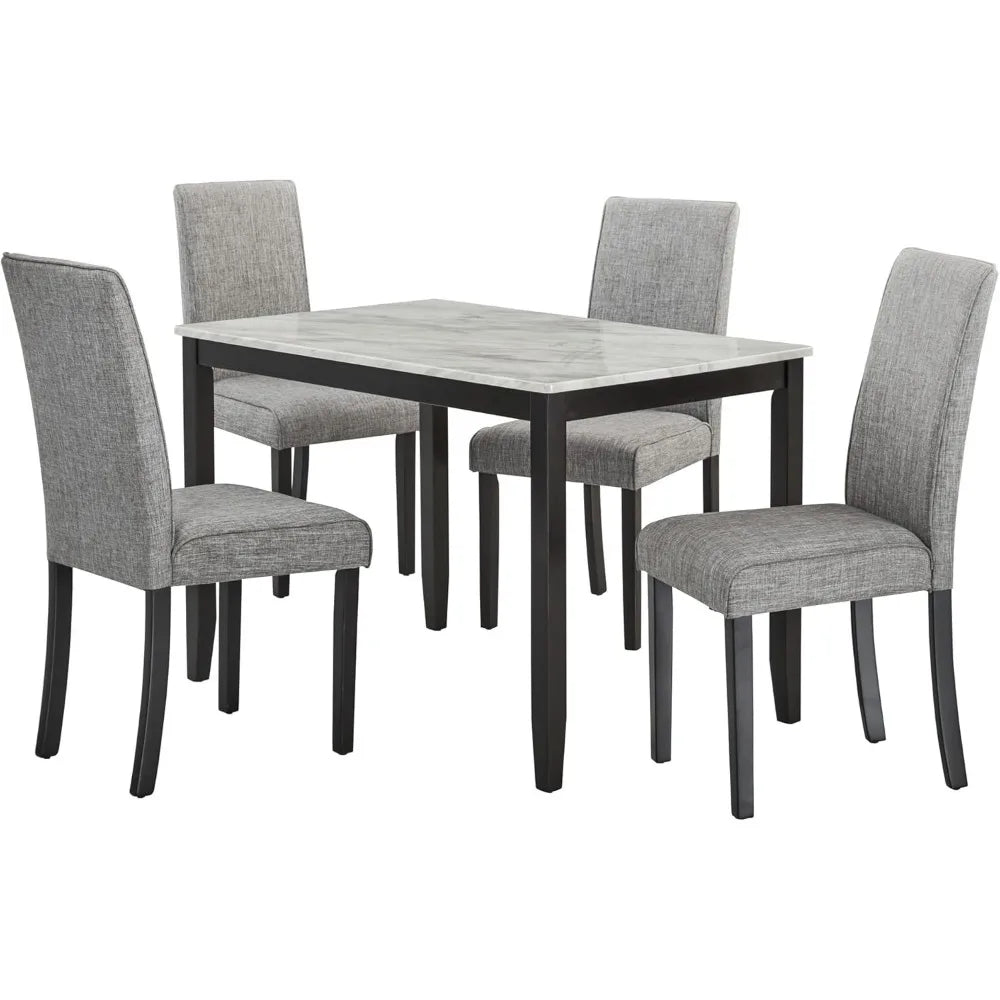 5-Piece Faux Marble Dining Table Set with Upholstered Chairs - Modern Rubber Wood Kitchen Table, 45.5" Stain-Resistant Family