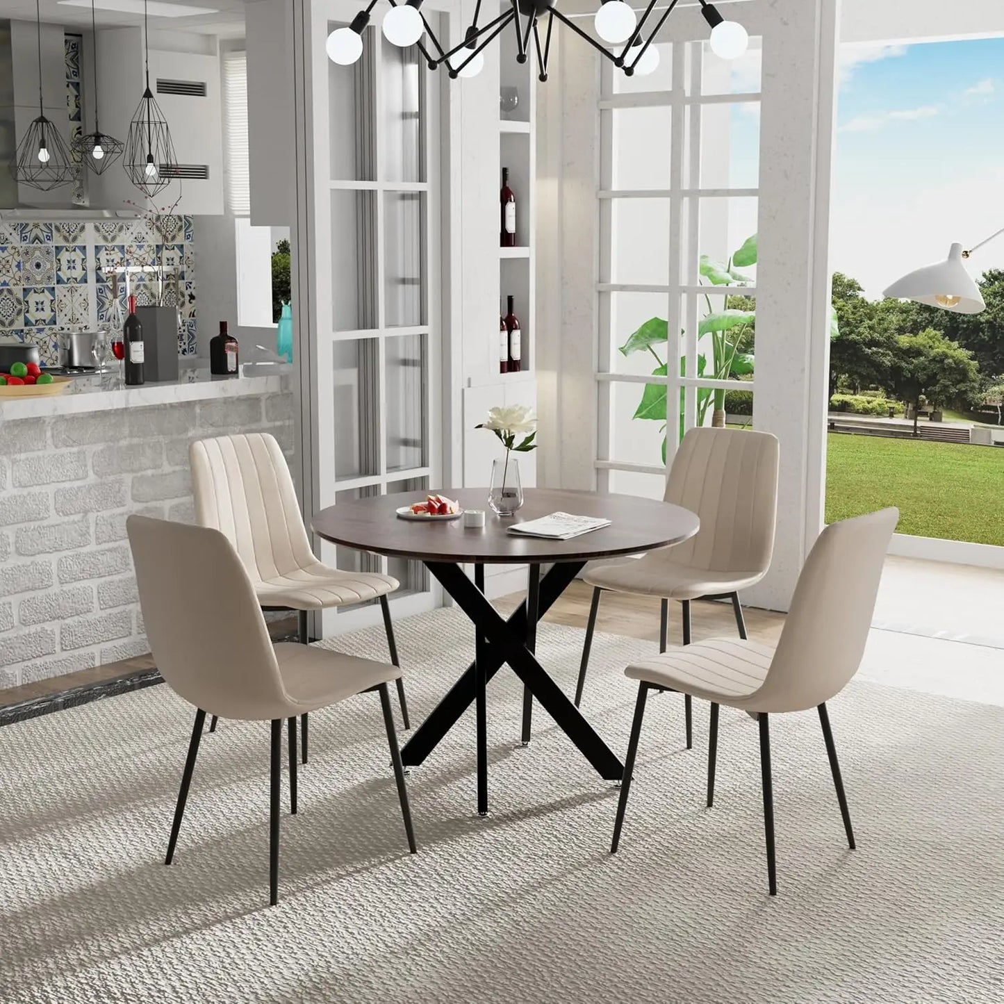 5 Piece Circle Dining Table Set for 4, 42 Inch Black Table & Velvet Upholstered Chairs With Sturdy Metal Legs, Round Kitchen