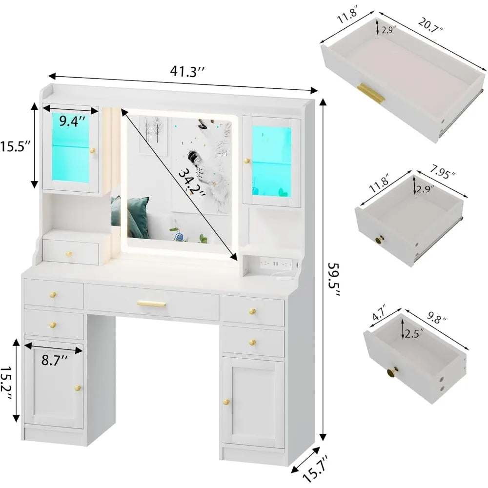 Vanity Table Set with Charging Station, Dresser with Mirror