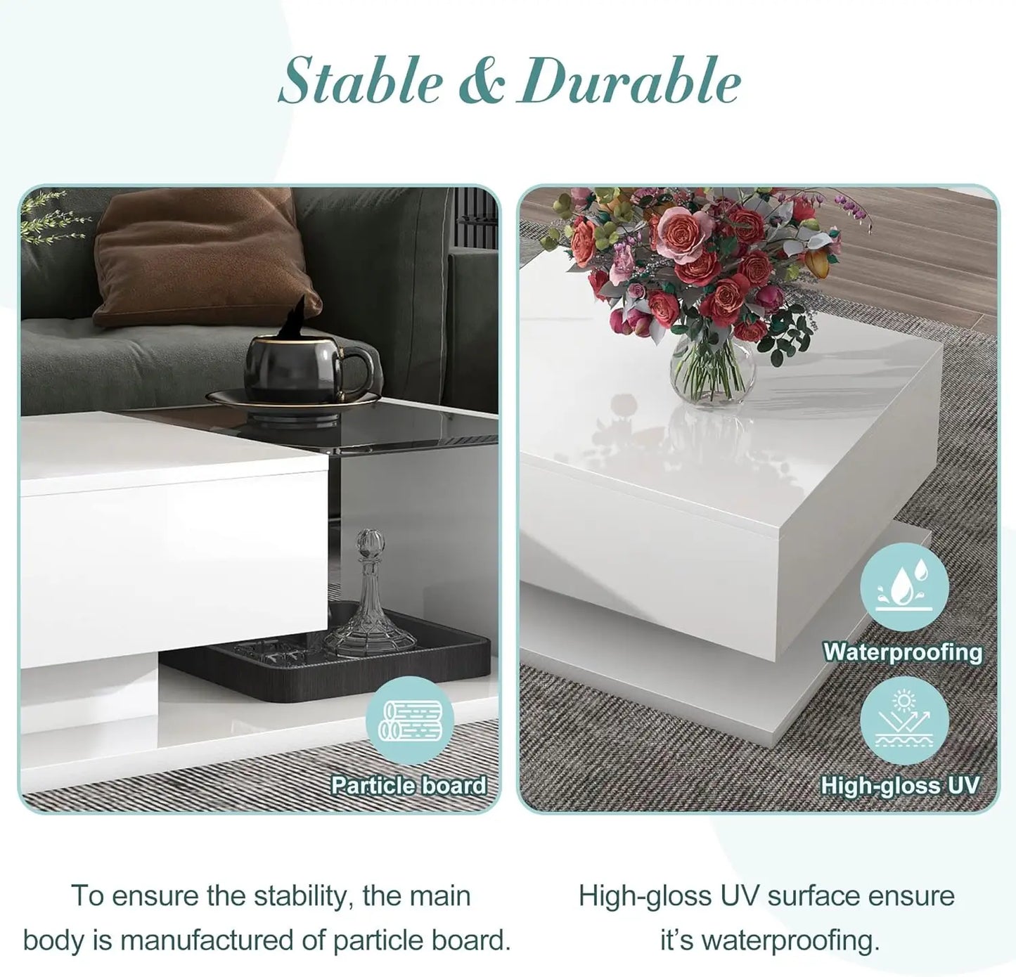 Coffee Table with Tempered Glass, Cocktail Table with High-Gloss UV Surface, Modernist 2-Tier Center Table for Living Room