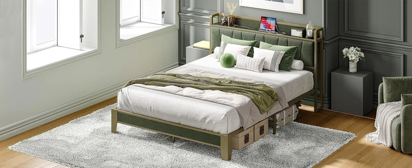 Queen Bed Frame, Storage Headboard with Charging Station