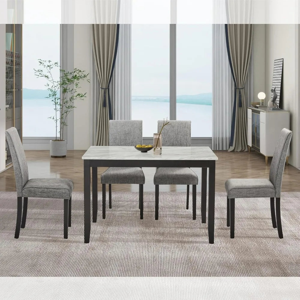 5-Piece Faux Marble Dining Table Set with Upholstered Chairs - Modern Rubber Wood Kitchen Table, 45.5" Stain-Resistant Family