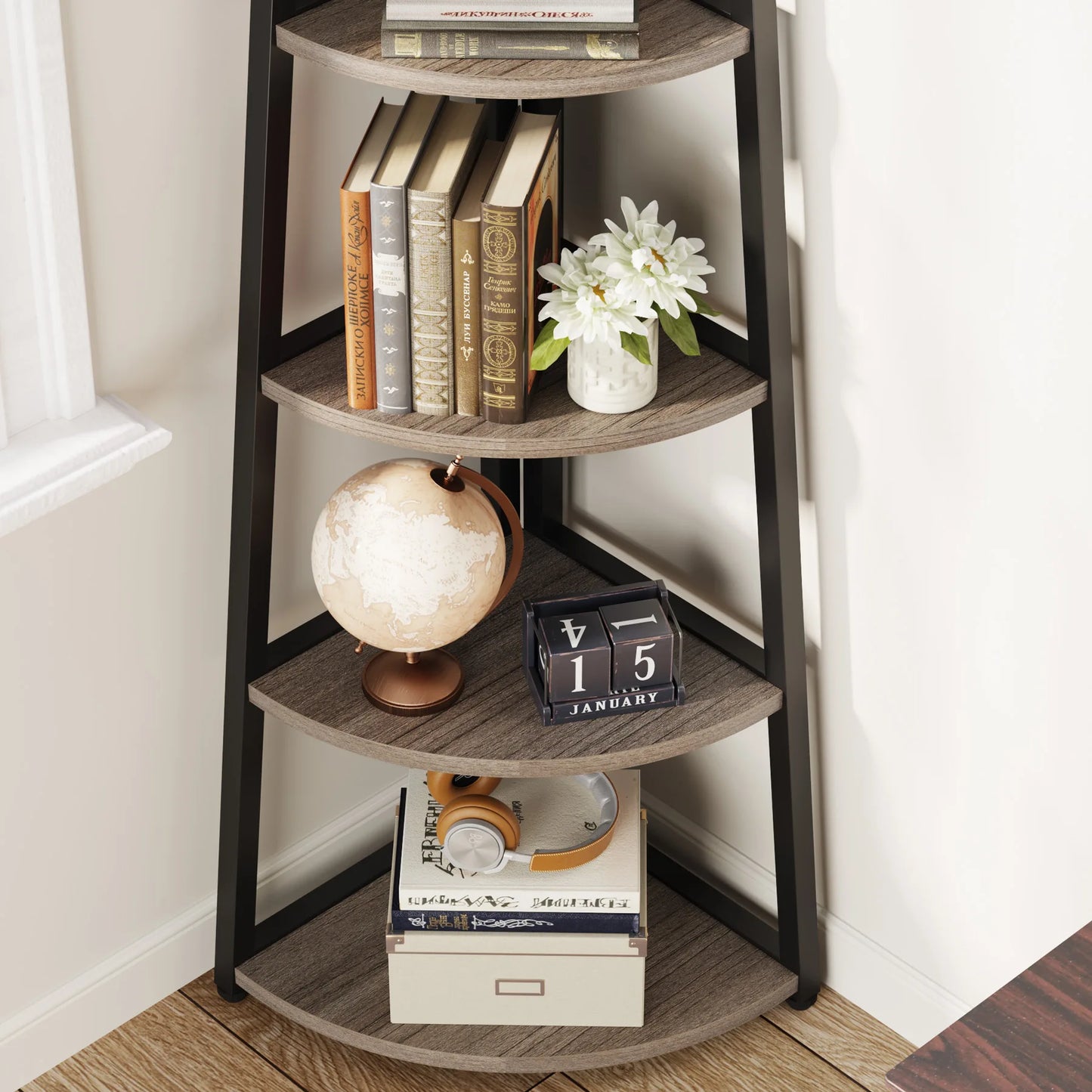 Corner Bookcase, Bookshelf with Rack Wood