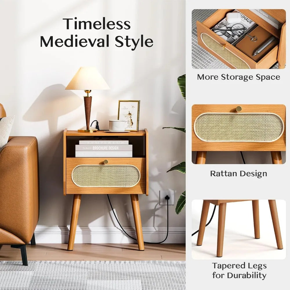 Night Stand Set 2, Mid Century Modern Nightstands,Bedside Table with Charging Station & Rattan Decor Drawer, Boho End Table
