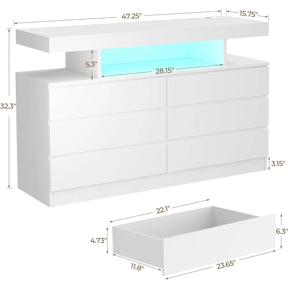 White Dresser, Chest of Drawers with Charging Station