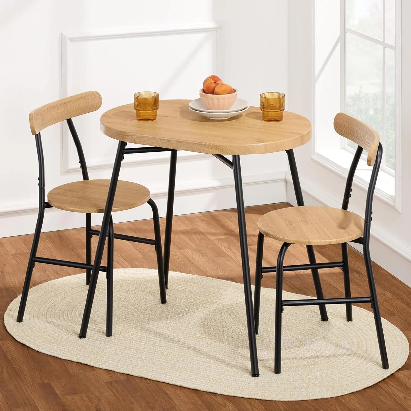 3-Piece Modern Oval Dining Table Set, Small Kitchen Dinette w/ 2 Chairs, Metal Frame, Curved Backrests