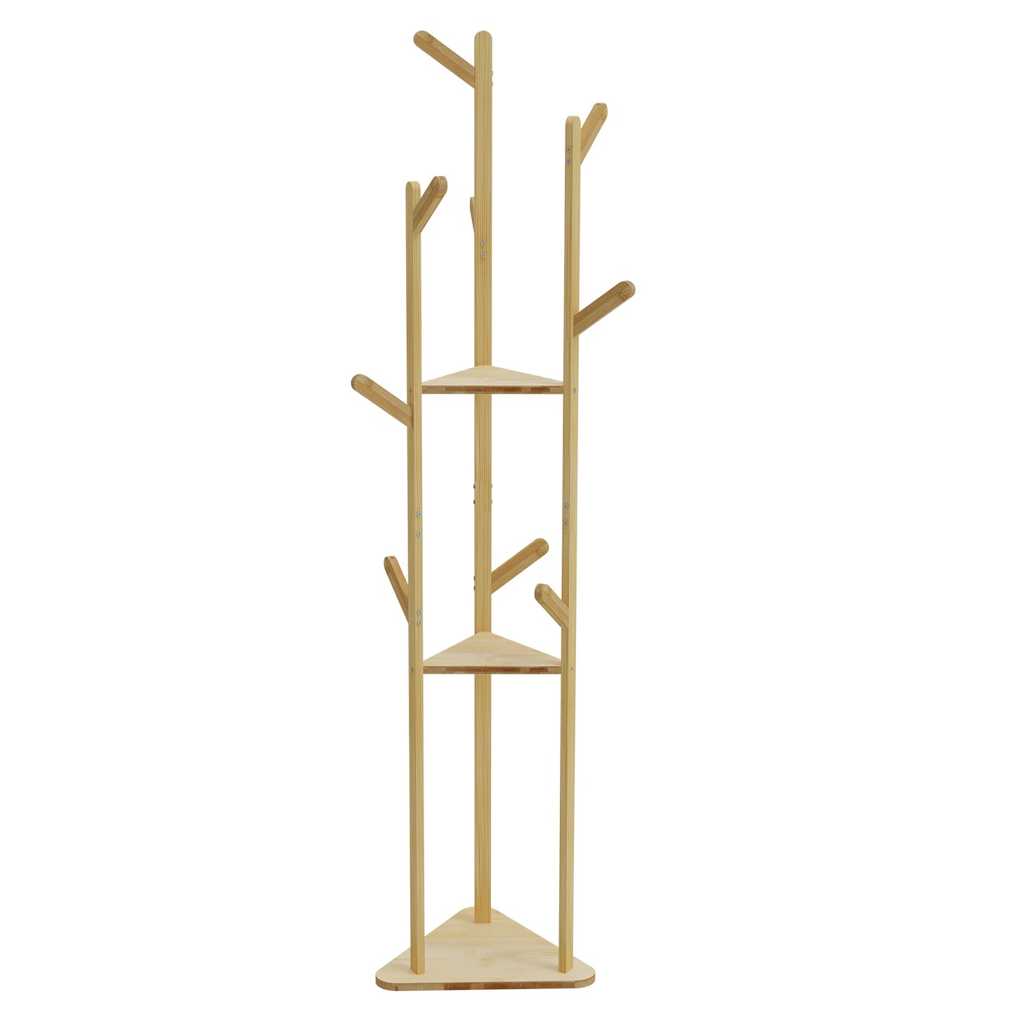 Bamboo Corner Tree Coat Rack with Hooks and Shelves