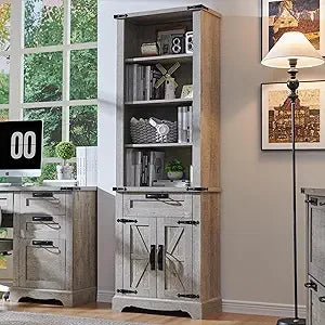 72'' Bookshelf with Storage, Bookcase with Barn Door