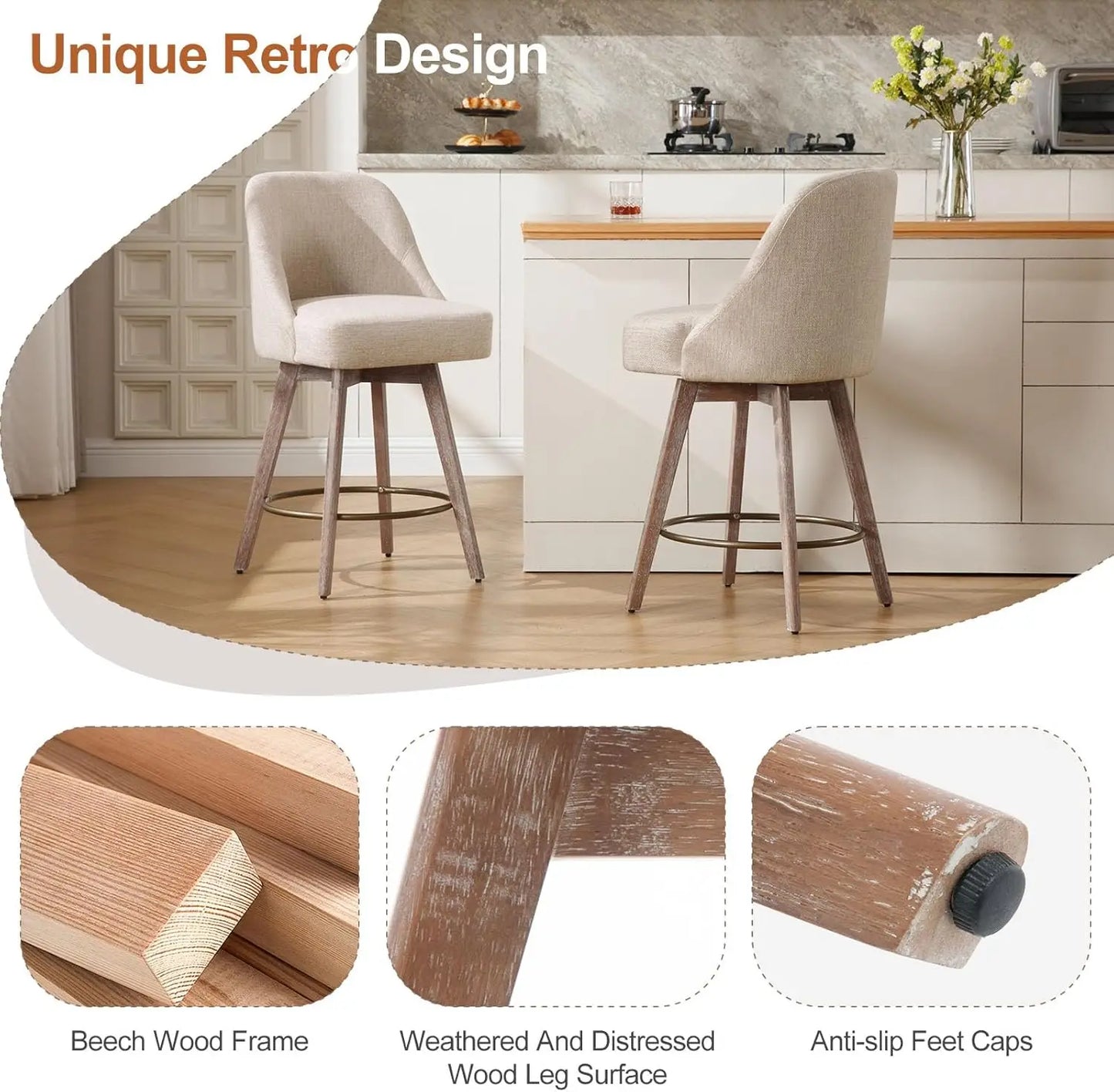 Counter Height Bar Stools Set of 3 with Backs and Wood Legs