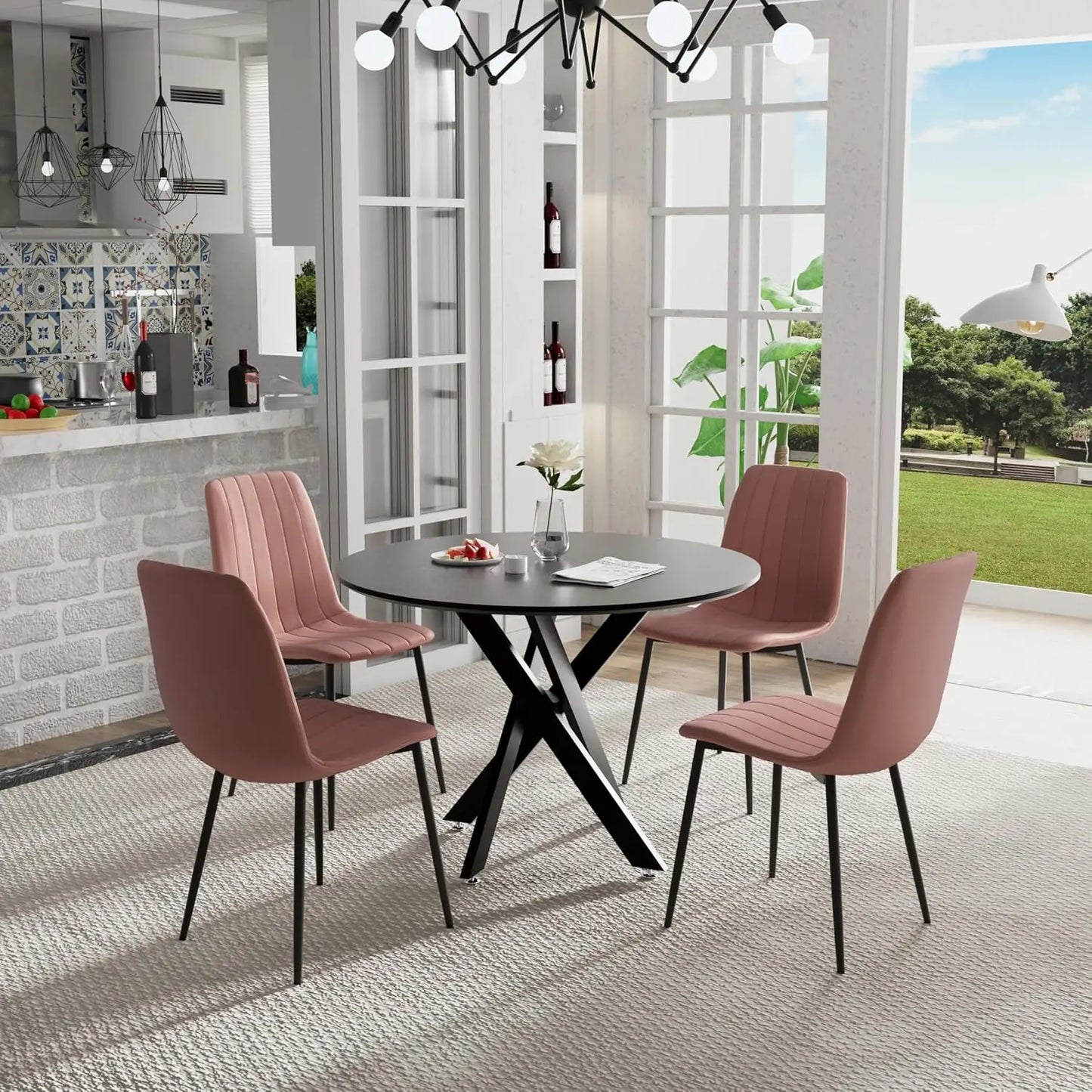 5 Piece Circle Dining Table Set for 4, 42 Inch Black Table & Velvet Upholstered Chairs With Sturdy Metal Legs, Round Kitchen