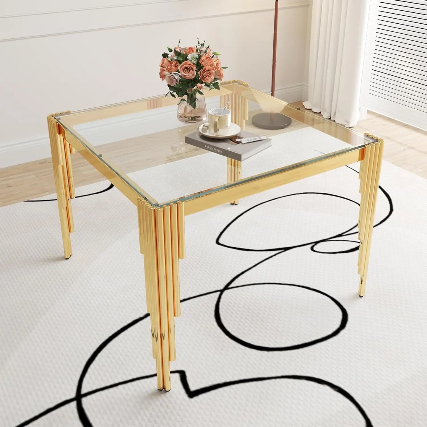 5 Piece Glass Dining Table Set for 4 People, 63" Rectangular Glass Kitchen Table with 4 Velvet Upholstered Chairs, Dining Room