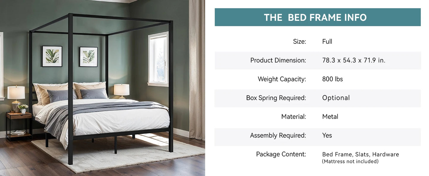 Canopy Bed Frame, Easy Assembly - Queen & Full Sizes