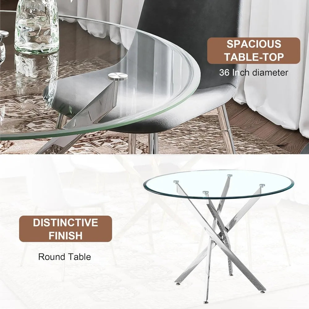 Glass Dining Table Set for 4 with Chairs, Modern 5 Piece Dining Room Set with 36" Round Tempered Glass Table & 4 Velvet Chairs