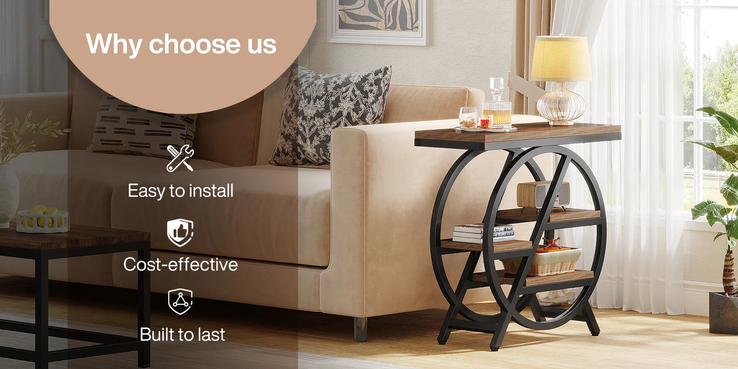 Tribesigns End Table, Narrow End Table with 3 Storage Shelves, Wooden Side Table, Industrial Small Sofa Side Table