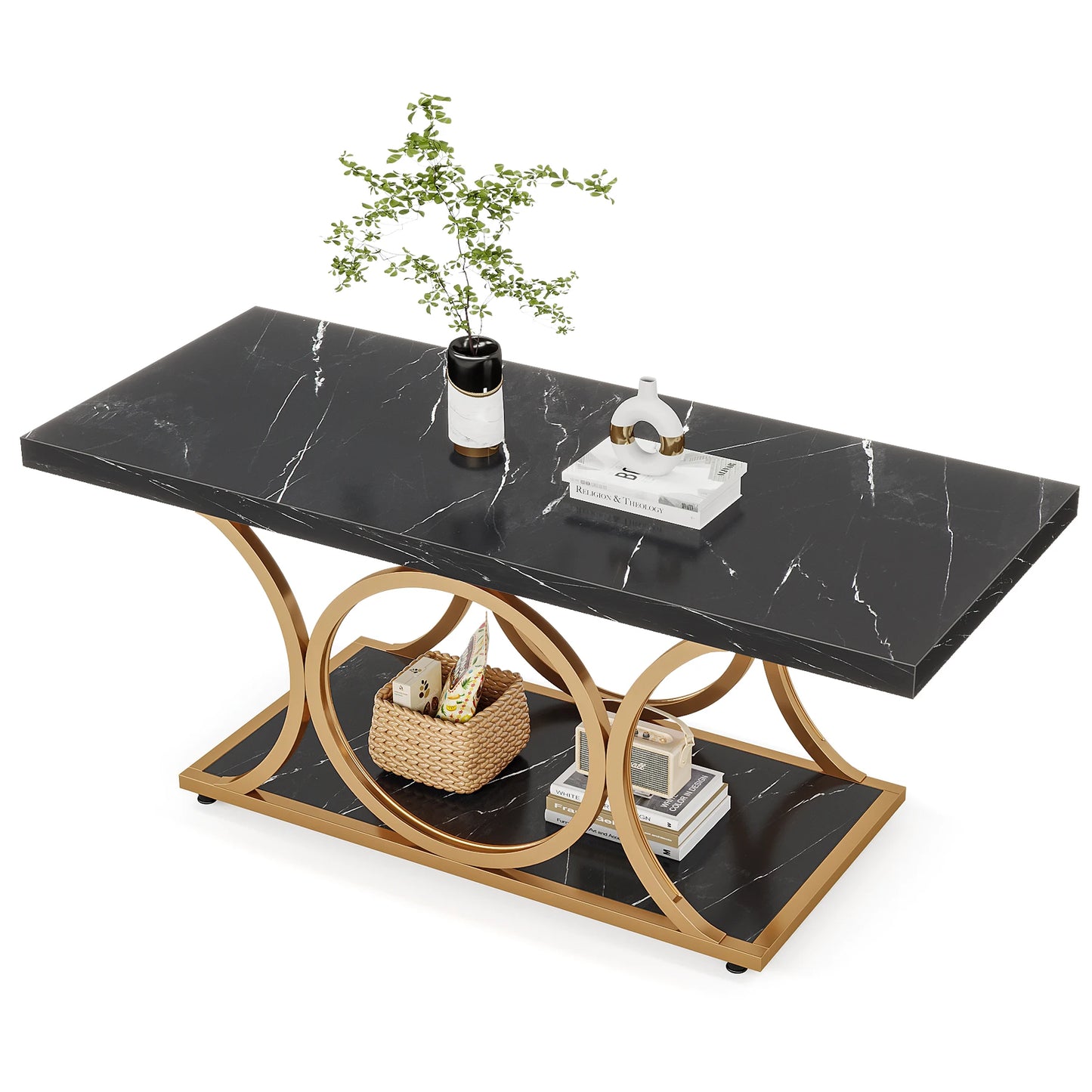 Tribesigns Rectangle Coffee Table, 47.24-inch Modern Coffee Tables for Living Room, 2-Tier Faux Marble Wood Coffee Table