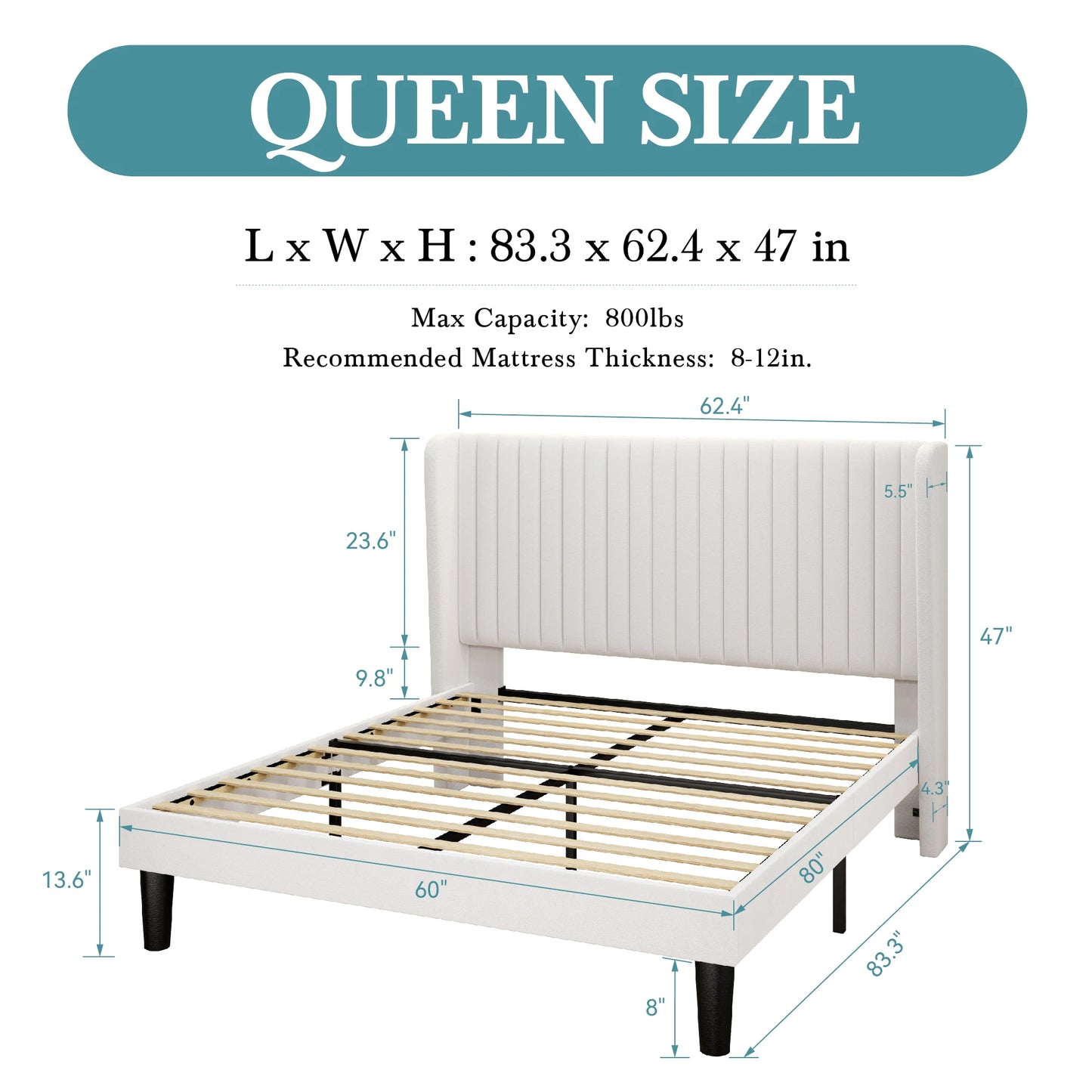 Bed Frame with Wingback Headboard – Full, Queen & King