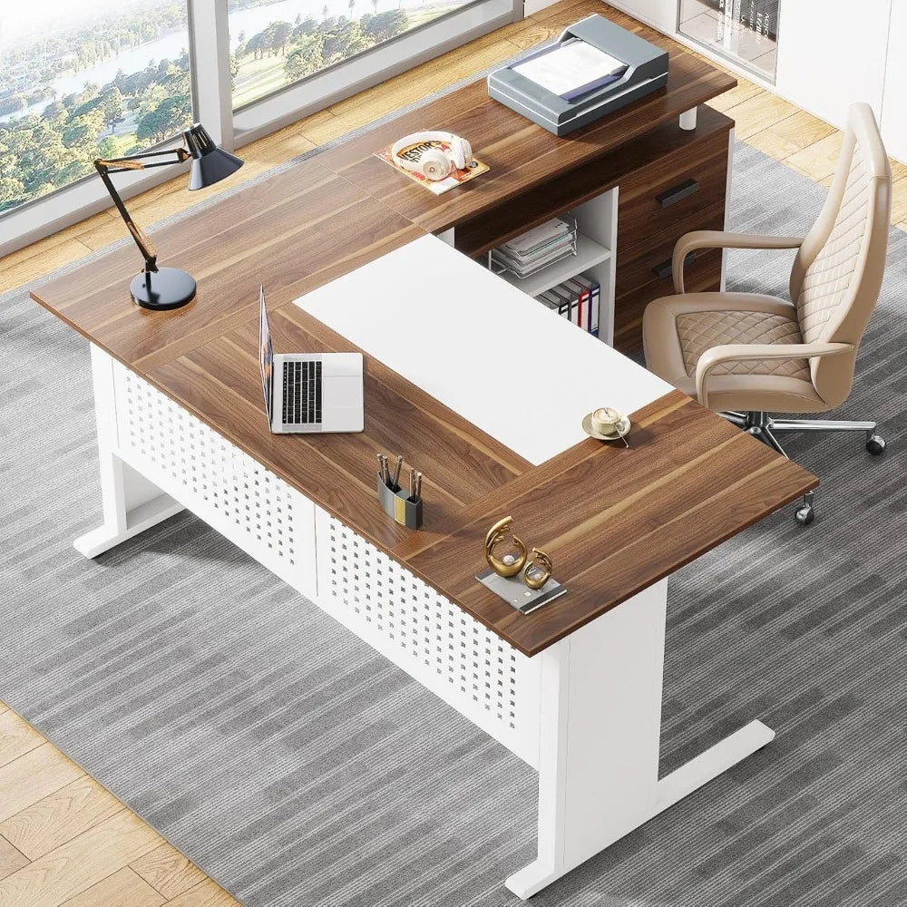 63 Inch L shaped Desk - File Cabinet, Drawers and Shelves