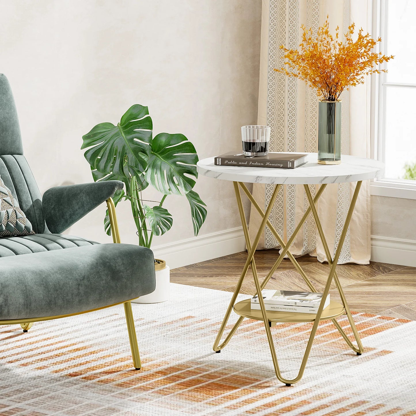 Tribesigns 2 Tier Faux Marble End Table Round Side Table with Shelves Small Coffee Accent Table for Living Room, White and Gold