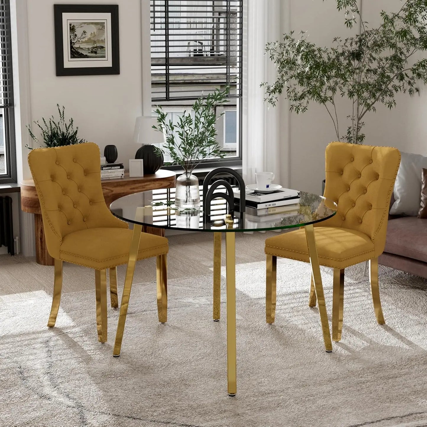 5 Piece Luxury Round Glass Dining Set, Modern Minimalist Circle Kitchen Table Set for 4, 42'' Clear Circular Glass Top Dinner Ro