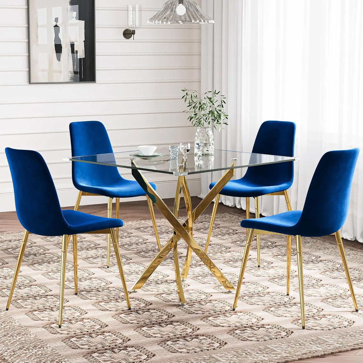 Glass Dining Table Set for 4 with Chairs, Modern 5 Piece Dining Room Set with 36" Round Tempered Glass Table & 4 Velvet Chairs