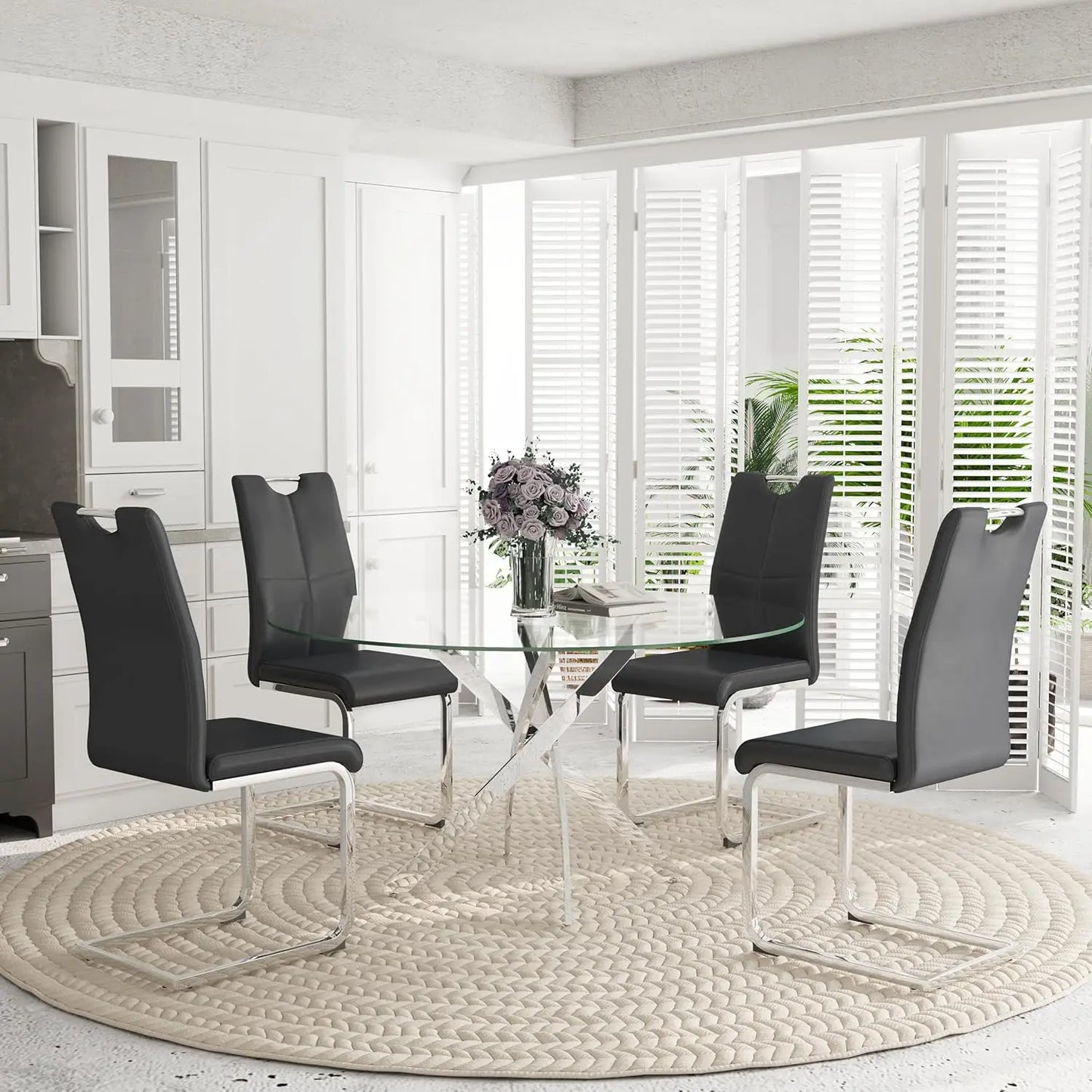 5-Piece Round Dining Table Set for 4, 47" Small Circle Tempered Glass Kitchen Table Set with Chrome Silver Leg, Upholstered
