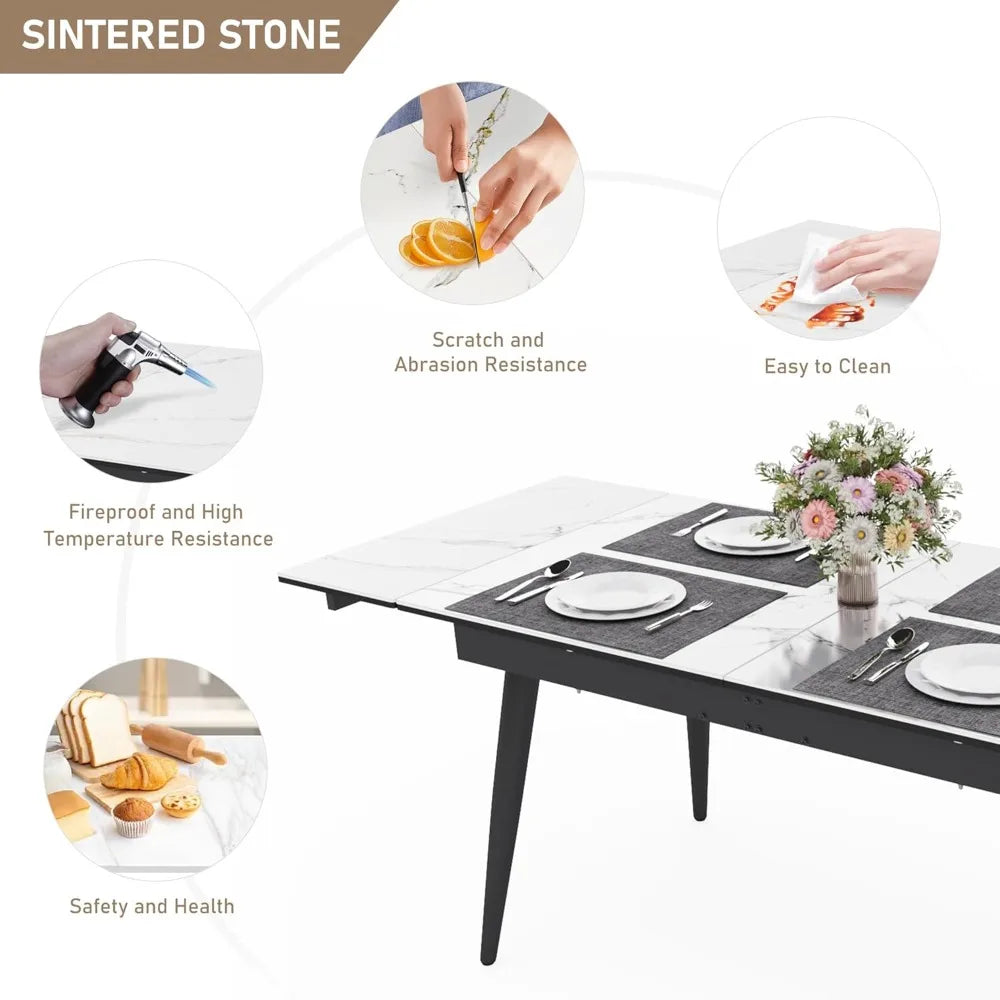 Extendable Dining Table for 4-8, 55"- 78" Rectangular Sintered Stone Dining Room Table, Faux Marble White Kitchen Table for Dini