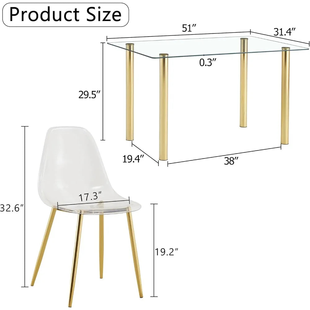 5 Pcs Modern Clear Glass Dining Table Set, 51'' Luxury Rectangular Kitchen Table Set, 4 Person Minimalist Dinner Room Table Set