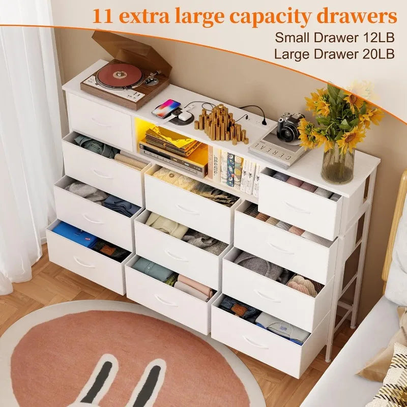 White Dresser TV Stand with 11 Drawers and Charging Station