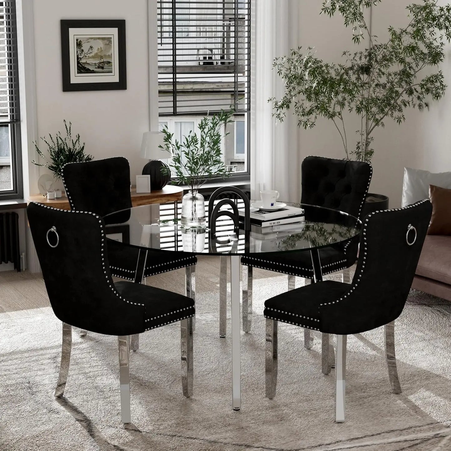5 Piece Luxury Round Glass Dining Set, Modern Minimalist Circle Kitchen Table Set for 4, 42'' Clear Circular Glass Top Dinner Ro