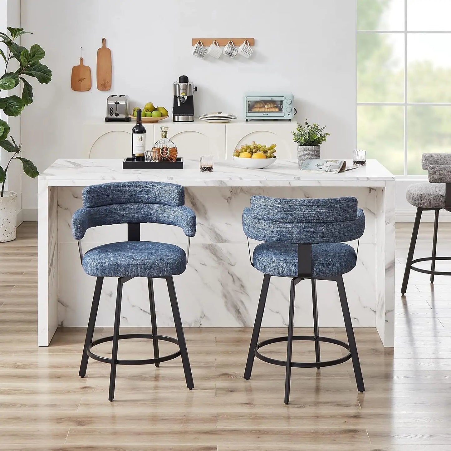Bar Stools with Full Back Set of 2 with Linen Padded Back