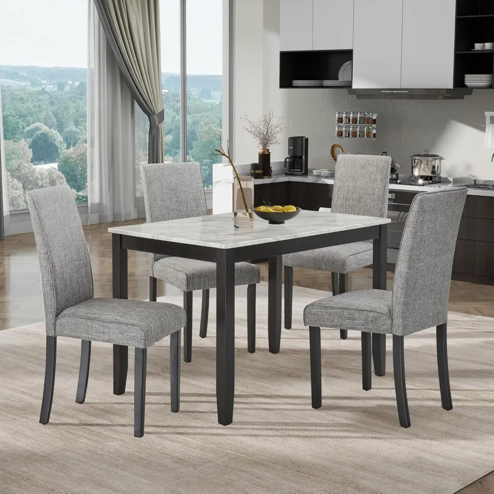 5-Piece Faux Marble Dining Table Set with Upholstered Chairs - Modern Rubber Wood Kitchen Table, 45.5" Stain-Resistant Family