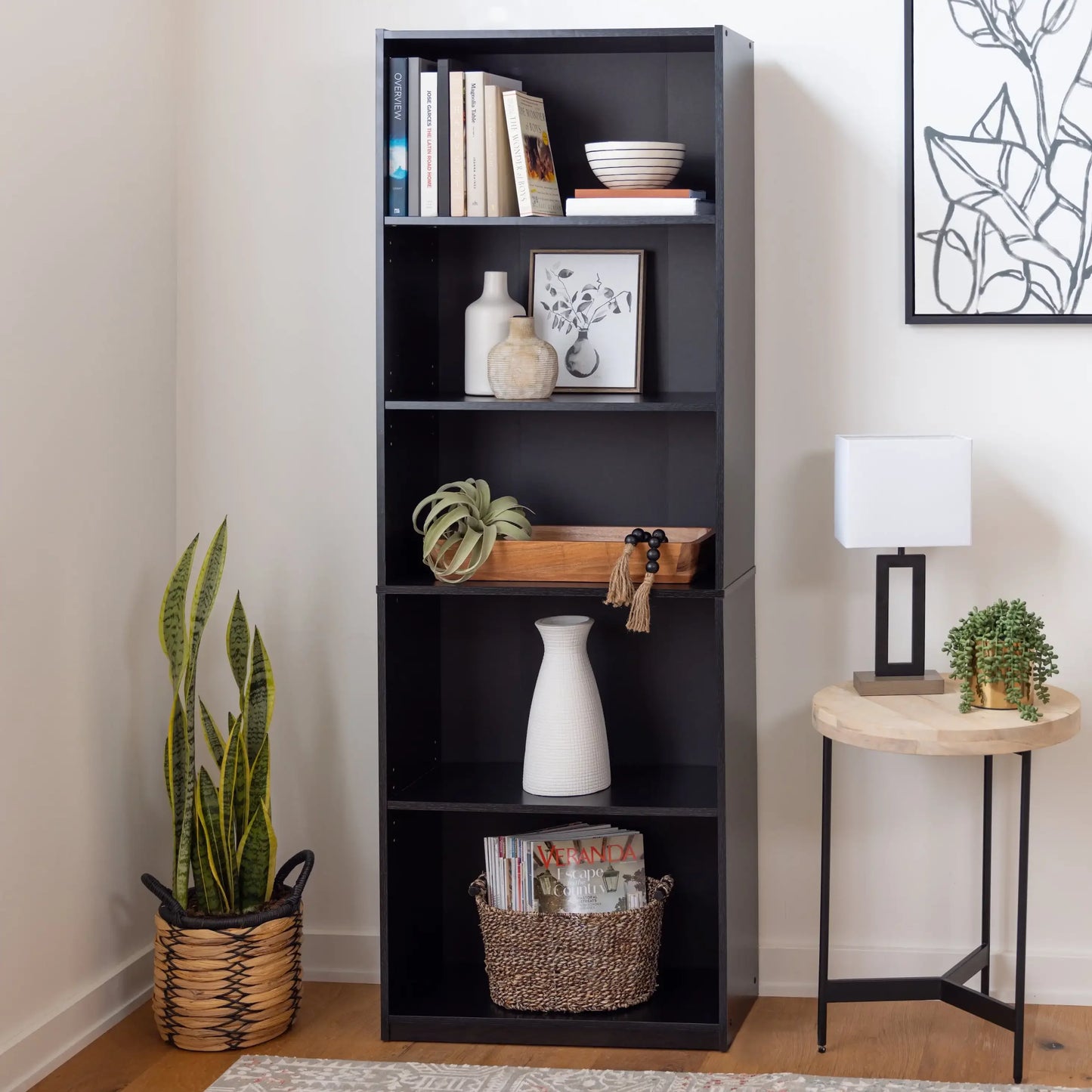 5-Shelf Bookcase , True Black Oak/White Bookshelf