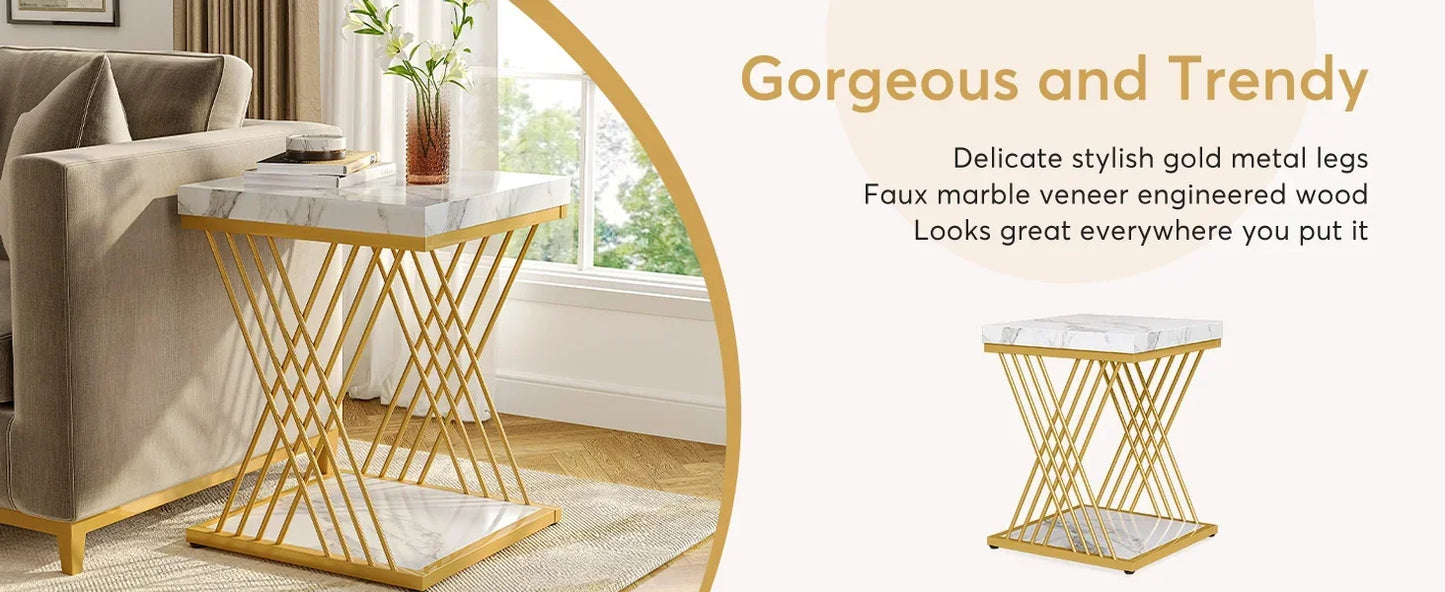 Square End Table White Gold 2-Tier Side Table Modern Small Bedside Table with Storage for Couch ( Faux Marble White+Gold)