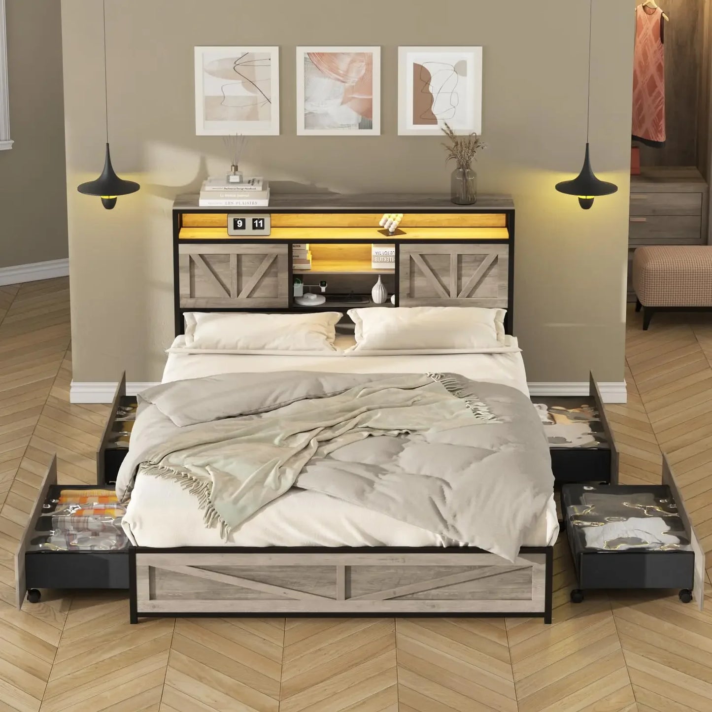 Queen Size Bed Frame with 4 Drawers