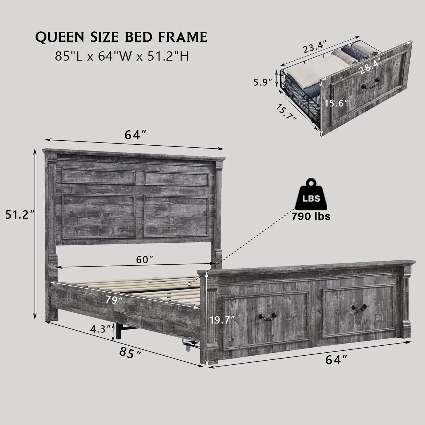 Queen Size Bed Frame, with Storage Drawers