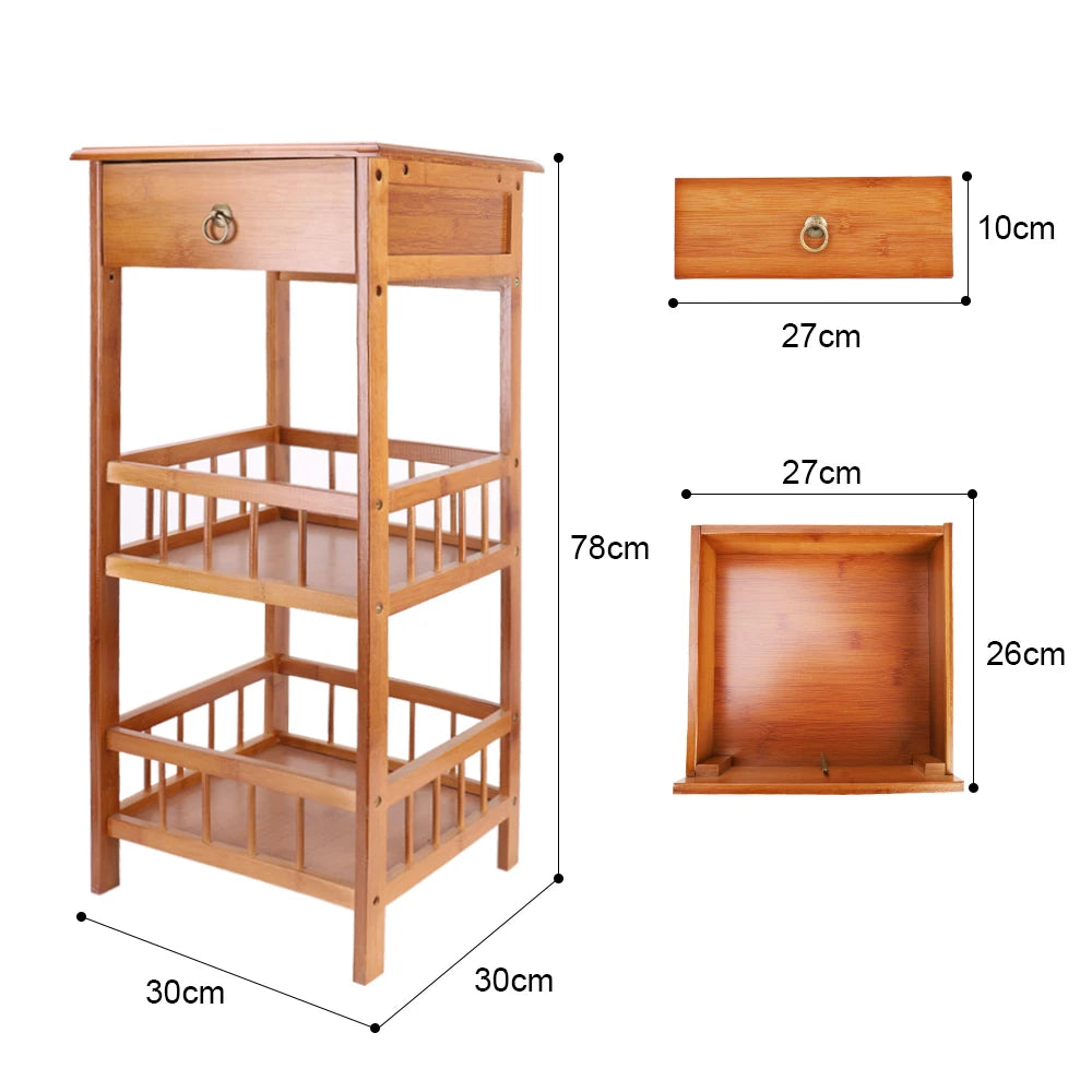 2-Tier Retro Bedside Table Bamboo Sofa Coffee End Table with Drawer Plant Display Storage Shelf Unit