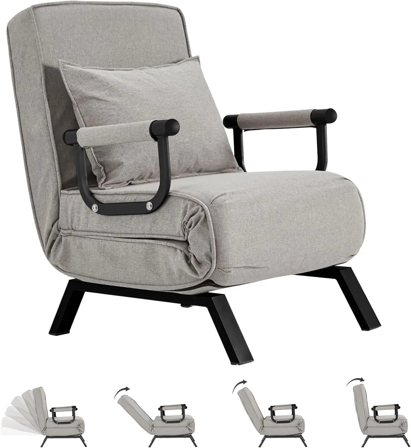 Convertible Chair, Tri-fold Upholstered Armchair Sleeper with Pillow