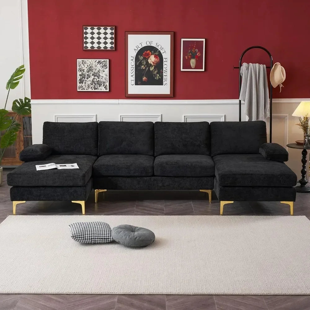 Sectional Sofa with Chaise Chenille Fabric Upholstered 4-Seat