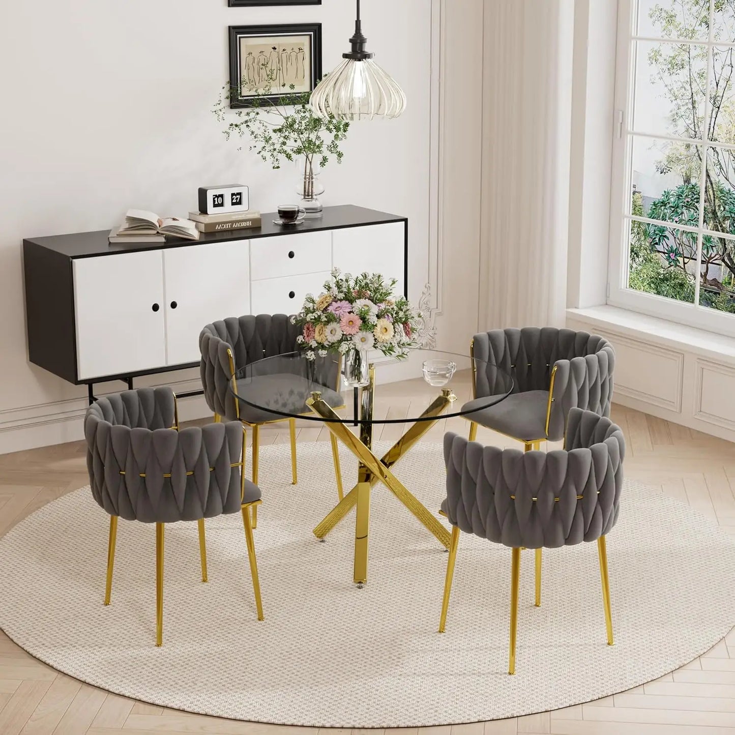Golden Round Glass Dining Table Set for 4, 39'' Clear Dinner Table Set, 5 Pieces Modern Luxury Circle Kitchen Table and Green