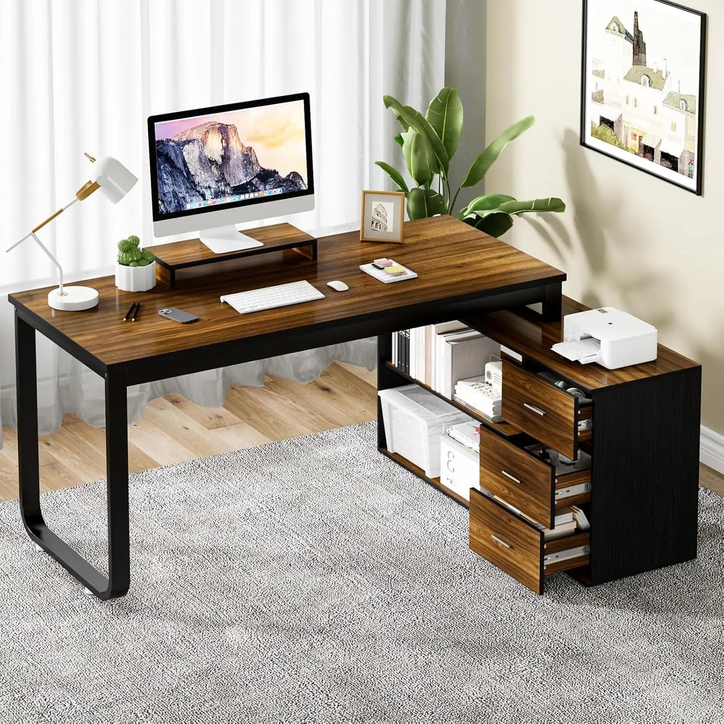 Desk with Drawers, 55 Inch L Shaped, Removable Monitor Stand