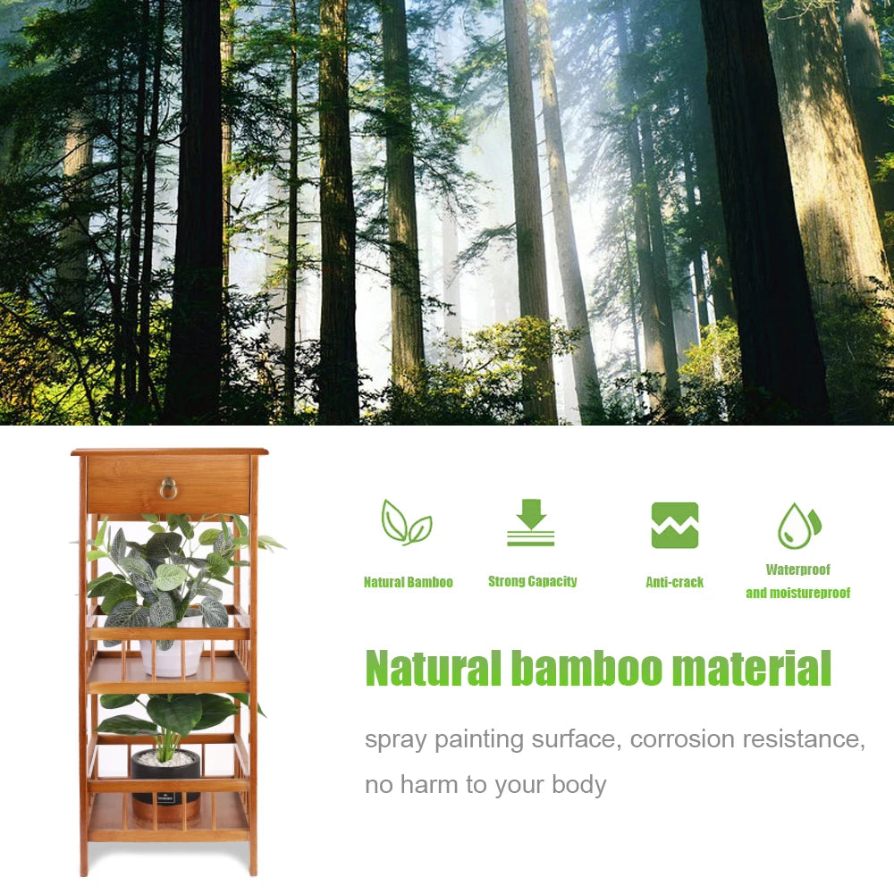 2-Tier Retro Bedside Table Bamboo Sofa Coffee End Table with Drawer Plant Display Storage Shelf Unit