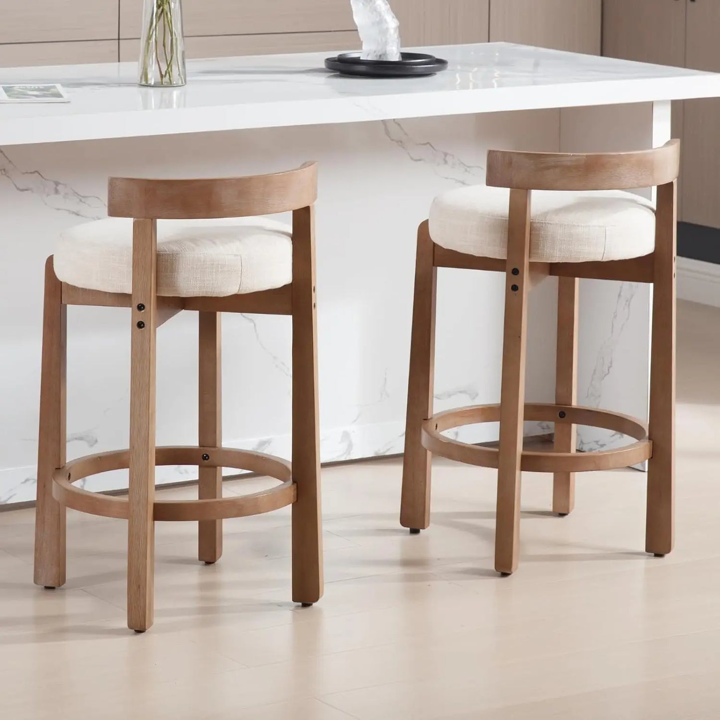Modern Bar Stools Set of 2, Linen Upholstered, 26.5" Stools with Back