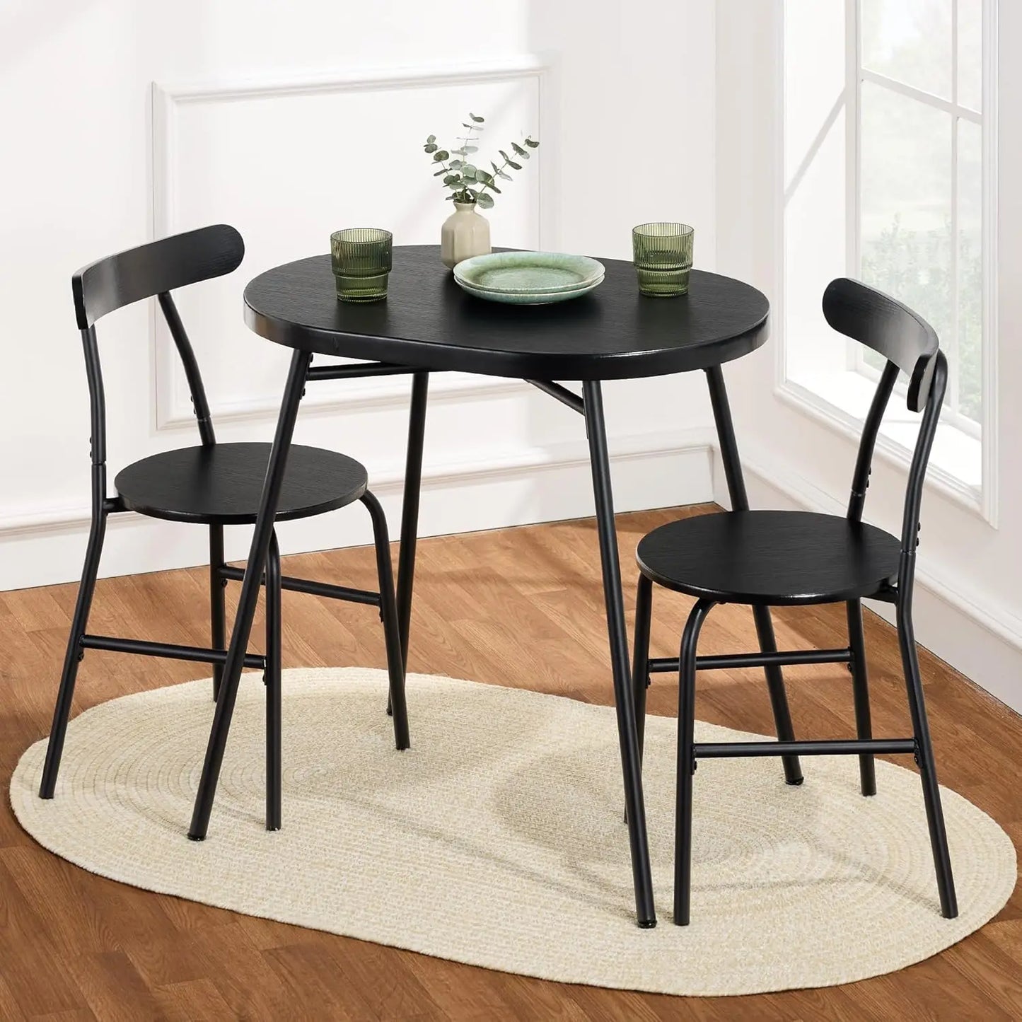 3-Piece Modern Oval Dining Table Set, Small Kitchen Dinette w/ 2 Chairs, Metal Frame, Curved Backrests