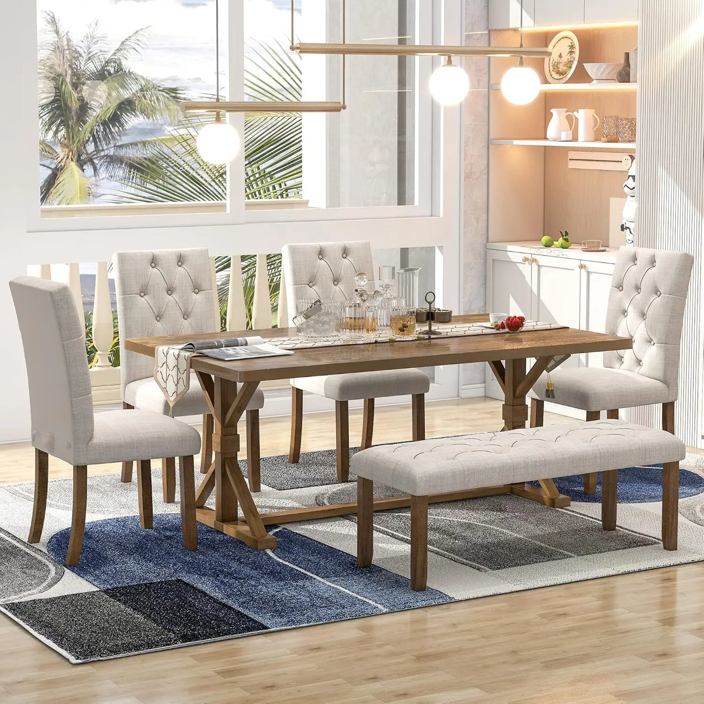 Farmhouse Dining Table Set for 6, Kitchen Table Set with Chairs and Bench, 6 Piece Solid Wood Dining Room Set with Trestle Table