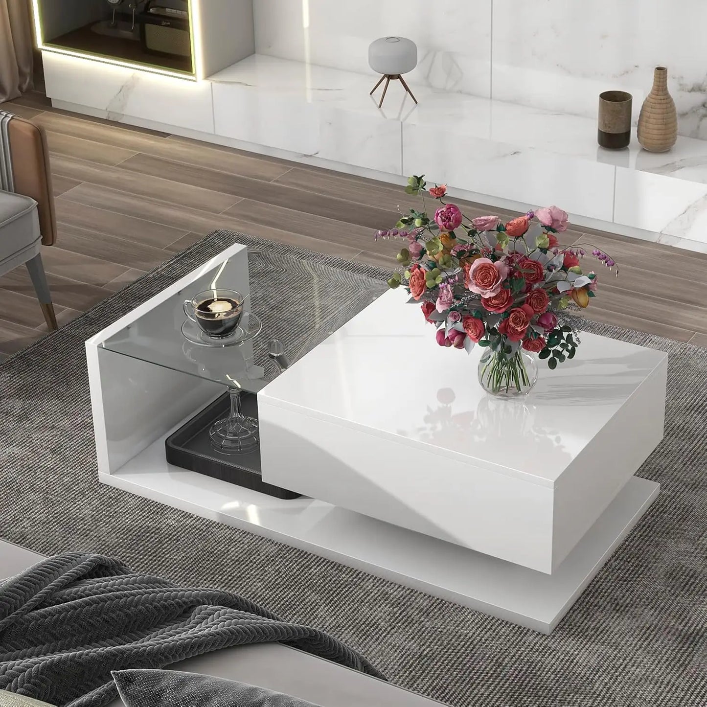 Coffee Table with Tempered Glass, Cocktail Table with High-Gloss UV Surface, Modernist 2-Tier Center Table for Living Room