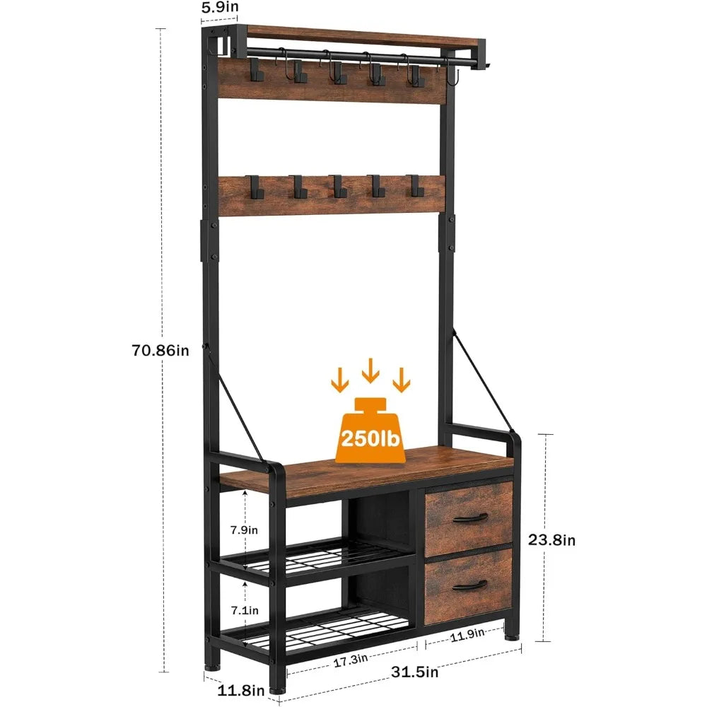 Shoe Bench and Coat Rack with Hooks and Drawers