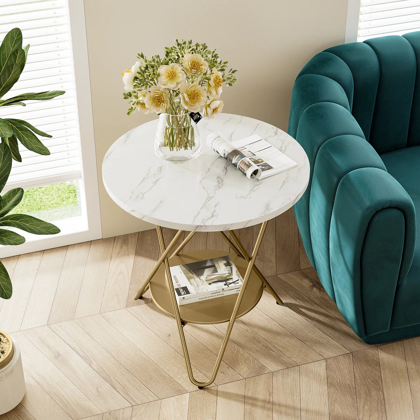 Tribesigns 2 Tier Faux Marble End Table Round Side Table with Shelves Small Coffee Accent Table for Living Room, White and Gold
