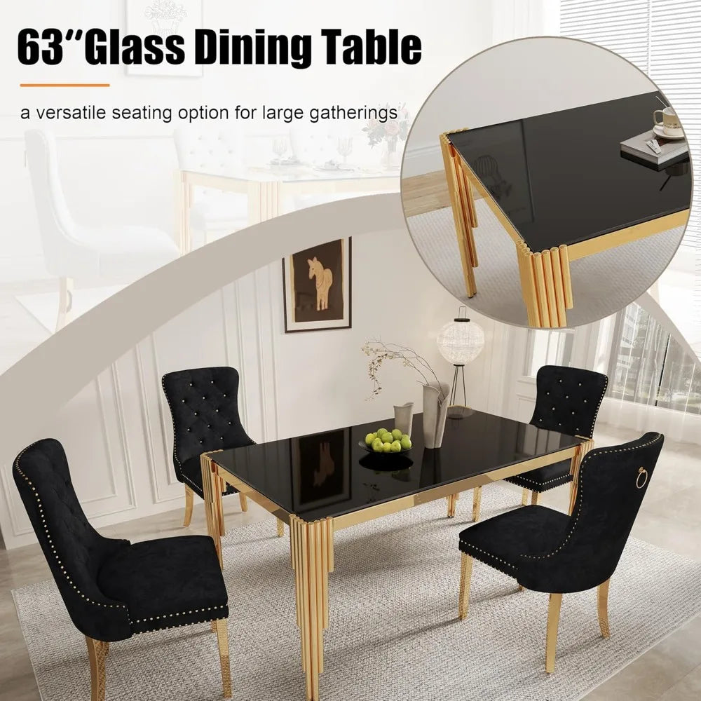 5 Piece Glass Dining Table Set for 4 People, 63" Rectangular Glass Kitchen Table with 4 Velvet Upholstered Chairs, Dining Room