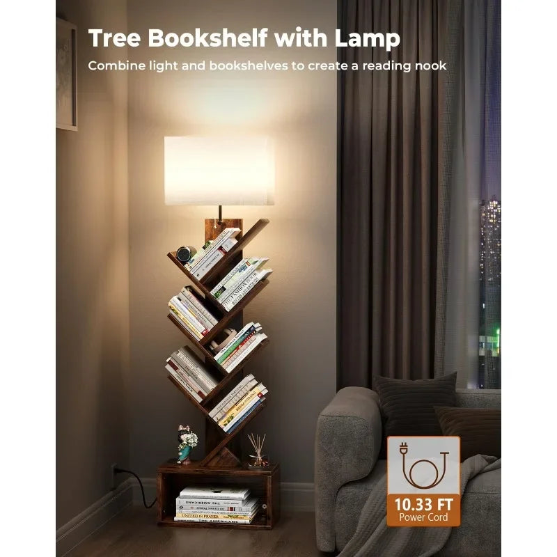 6 Tier Bookshelf with Light, Narrow Bookcase